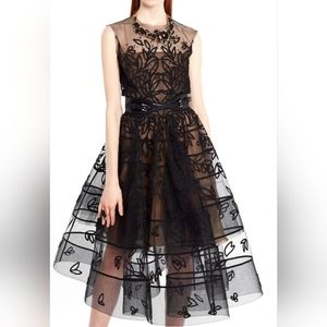 ○$7,900 OSCAR DE LA RENTA BLK TULLE FLORAL BEAD EMBROID RUNWAY MIDI DRESS US 10